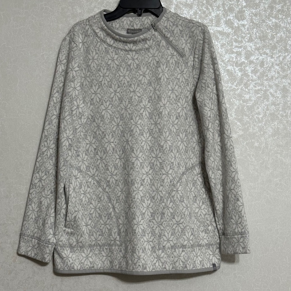 T by Talbots Gray White Snowflake Print Quarter Zip Pullover Sweatshirt Pocket S